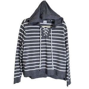 CAbi Size Medium Windward Striped Hooded Sweatshirt Hoodie Gray White Nautical